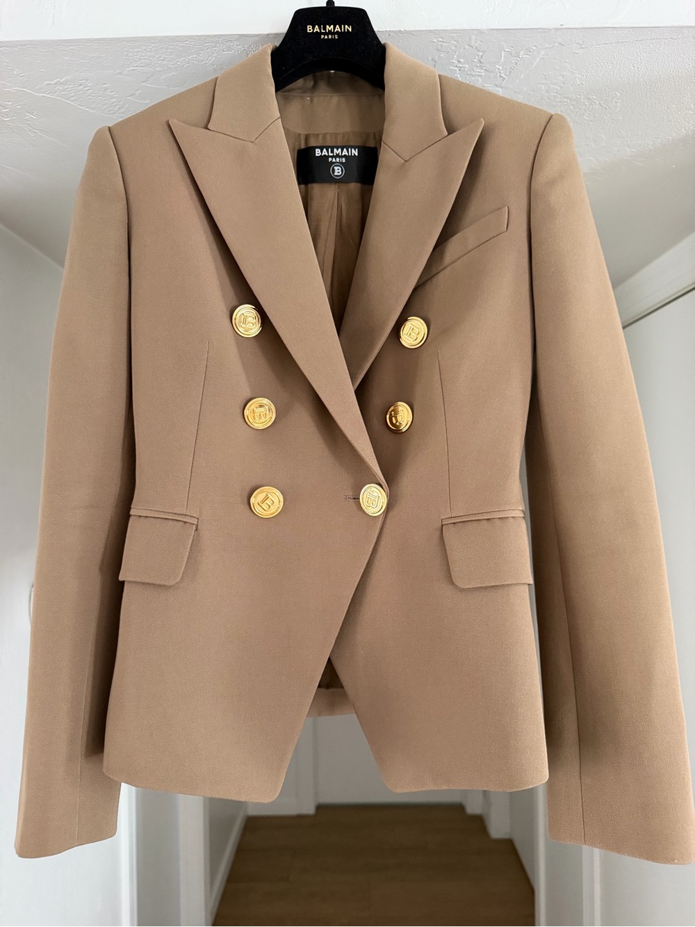 Authentic Balmain Army Green Double-Breasted Blazer with Gold Buttons